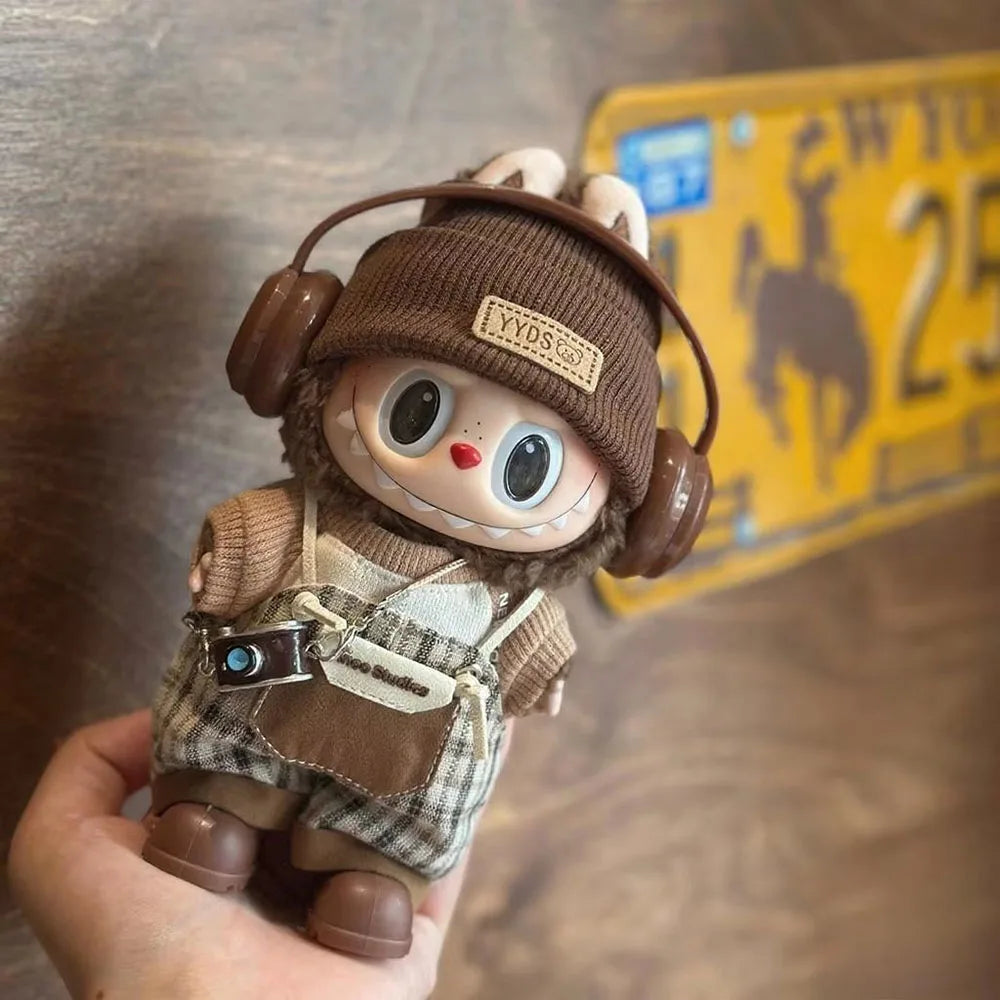 Clothes for Labubu V1 V2 V3 Clothing Doll Retro Brown T-shirt Handsome Clothes Set Doll Accessories