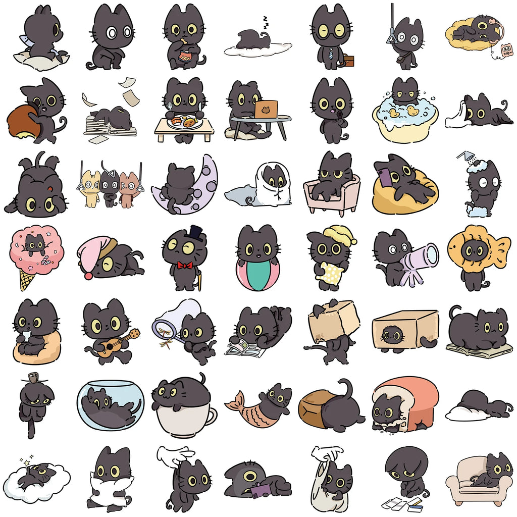 50PCS Naughty Little Black Cat Sticker Graffiti Decoration Laptop Luggage Phone Skateboard Waterproof DIY Sticker