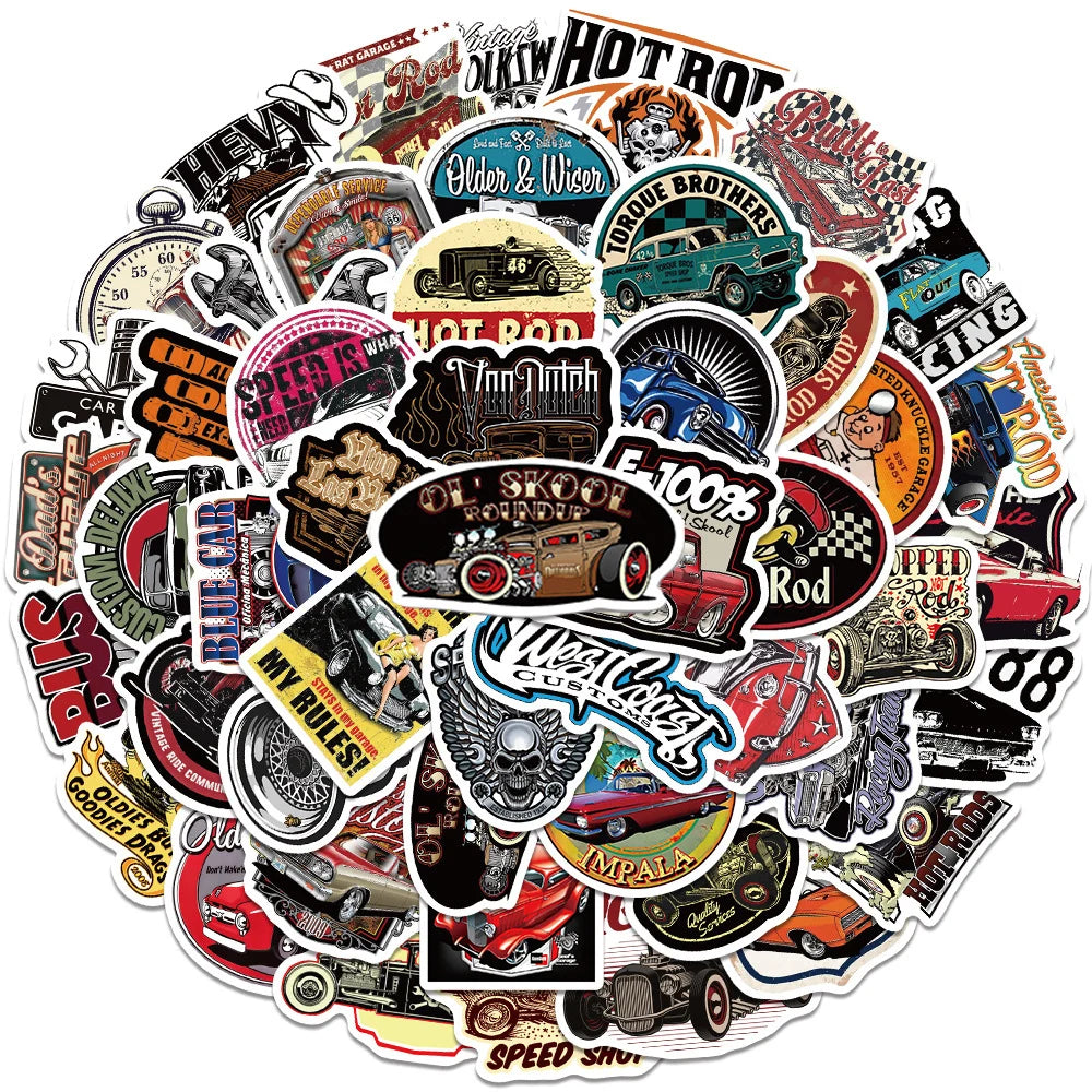 10/30/50pcs Vintage Car Cartoon Stickers Retro Hot Rod Decals DIY Phone Case Motorcycle Laptop Cool Graffiti Sticker Decoration