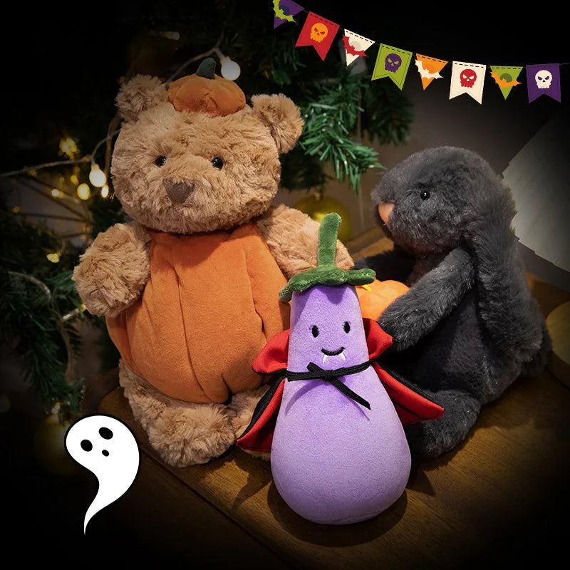 Creative Pumpkin Bear Plush Toys Soft Black Rabbit Hold Pumpkin Earphone &Cloak Eggplant Stuffed Doll Halloween Trick Or Treat