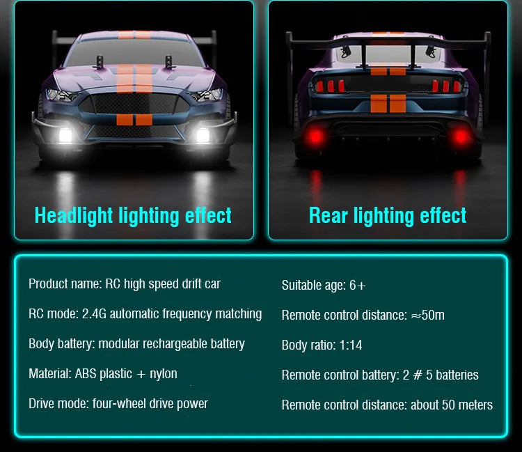 1/14 Large Remote Control Drift Car 2.4G 50km/h High Speed Electric RC Racing Supercar Toys for Boys Children's Birthday Gift