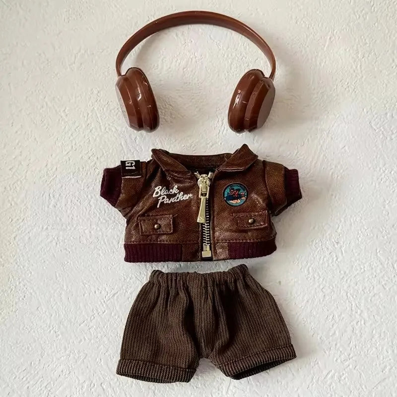 Brown Retro Flying Jacket Fashion Doll Clothes Set for 17cm Labubu Doll - Accessory Gift Item