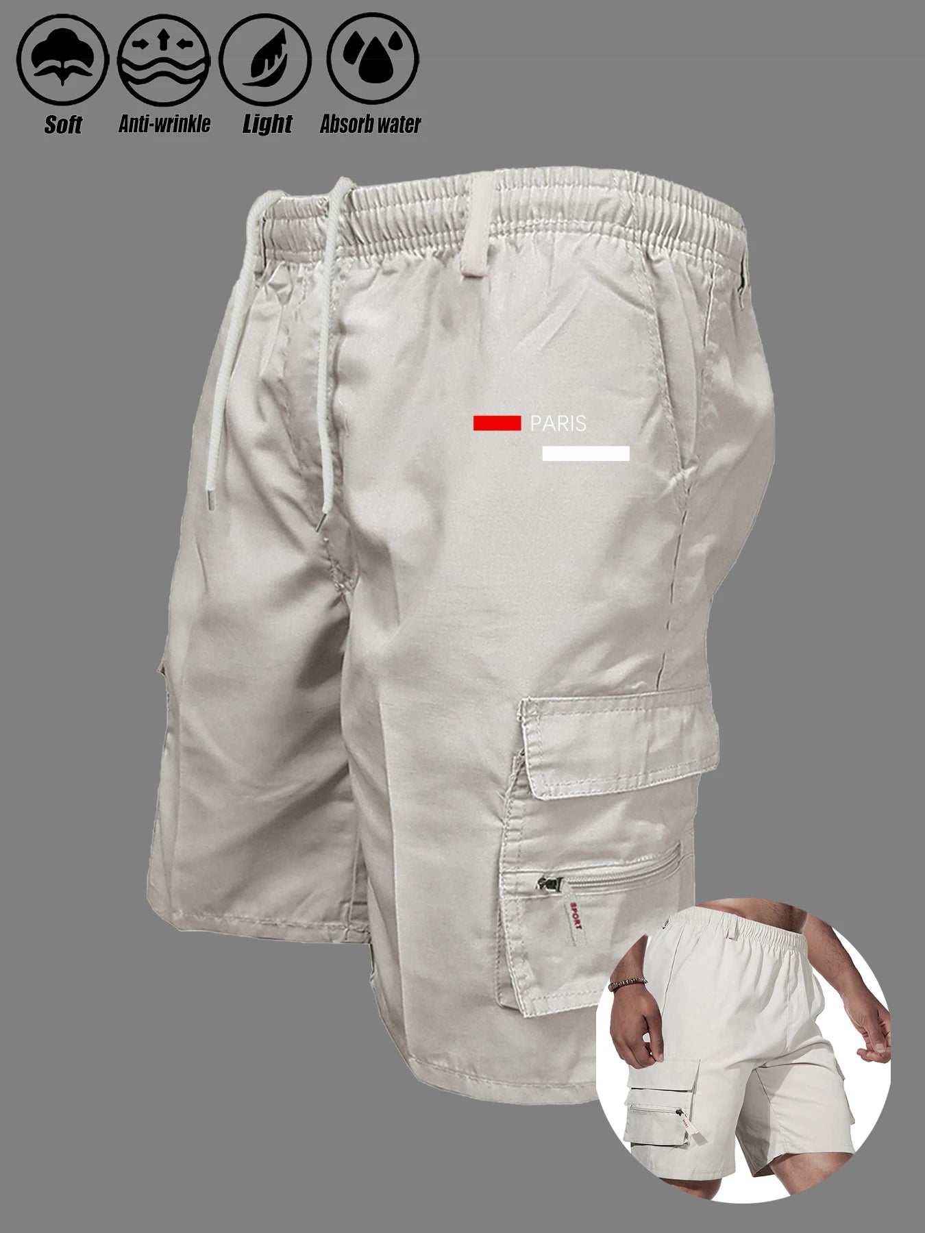 Paris Printed Casual Work Shorts Men's Multi-pocket Loose Drawstring Cargo Shorts Outdoor Sports Short Pants for Men Streetwear