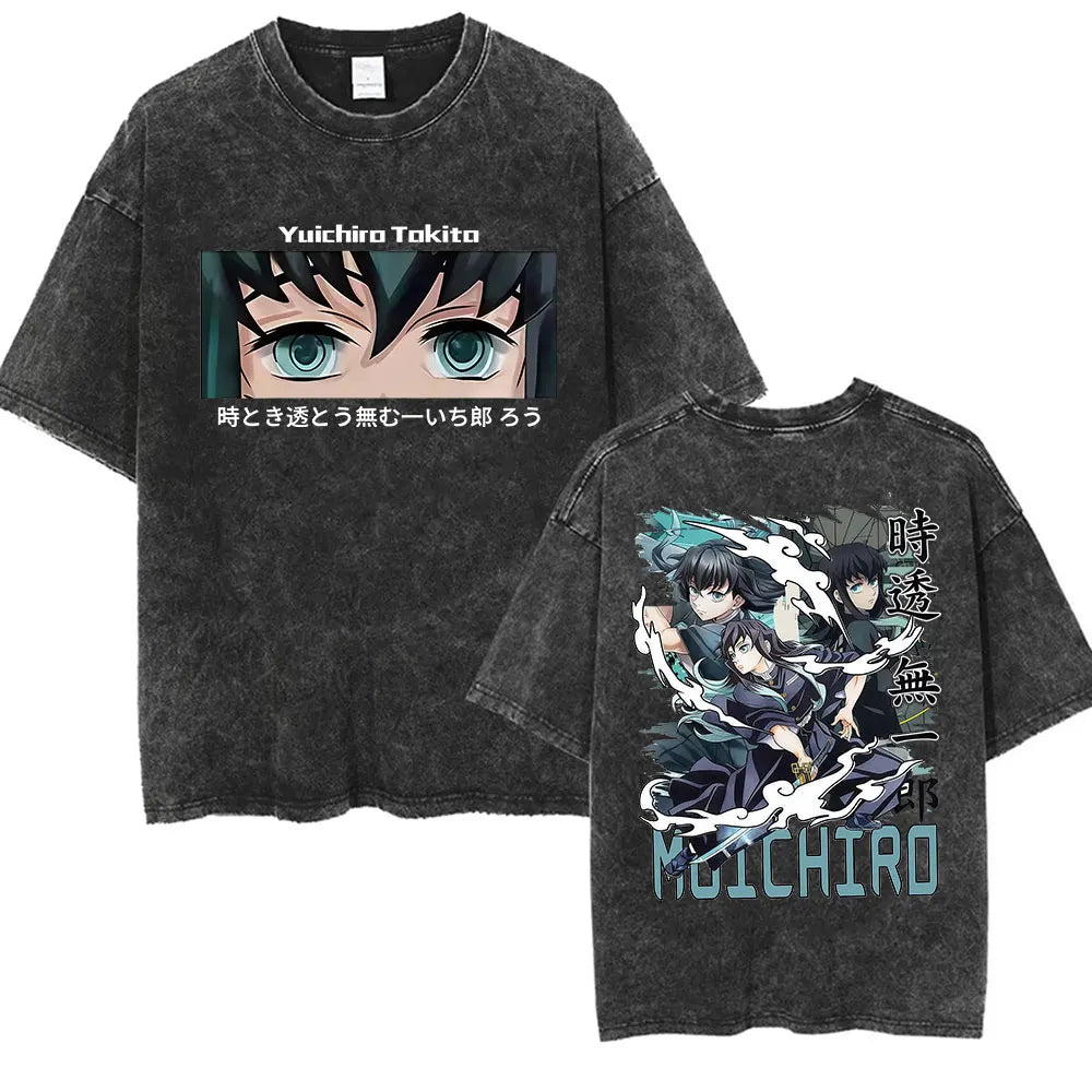 Summer New Demon Slayer Anime Tokitou Muichirou Peripheral Washed T-shirt Men and Women Loose Casual Harajuku Short Sleeved Top