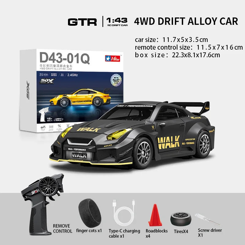 Macro Star D43 Full Proportion Remote Control Drift Car 1:43 Scale Alloy Gyro Four-Wheel Drive Flat Run Luminous Toy Model