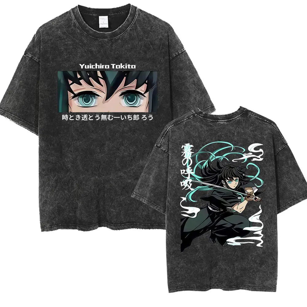 Summer New Demon Slayer Anime Tokitou Muichirou Peripheral Washed T-shirt Men and Women Loose Casual Harajuku Short Sleeved Top