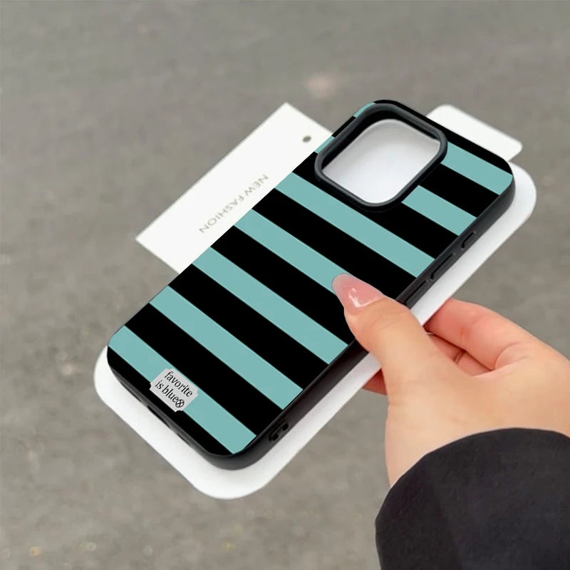 Korean Blue Stripe Luxury Phone Case For iPhone 16 ProMax 15 14 13 12 11 Pro XR XS Max 7 8 Plus Niche Y2K Phone Cases