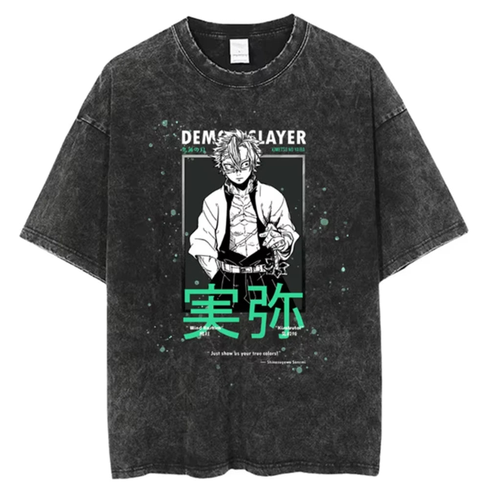 Anime Demon Slayer Shinazugawa Sanemi Cool Printed T-shirt Women Tshirts Vintage Washed Cotton Tee Harajuku Gothic Men T Shirt