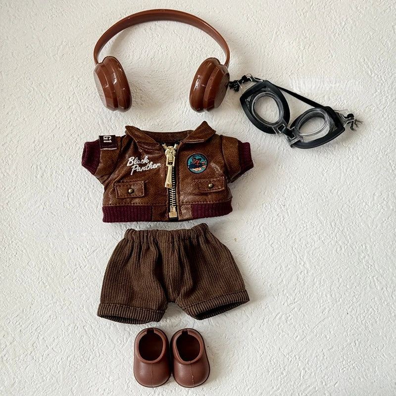 Labubu Retro Pilot Outfit Vintage Leather Jacket Aviator Headset Camera For 15/17cm 1st/2nd/3rd Gen Dolls