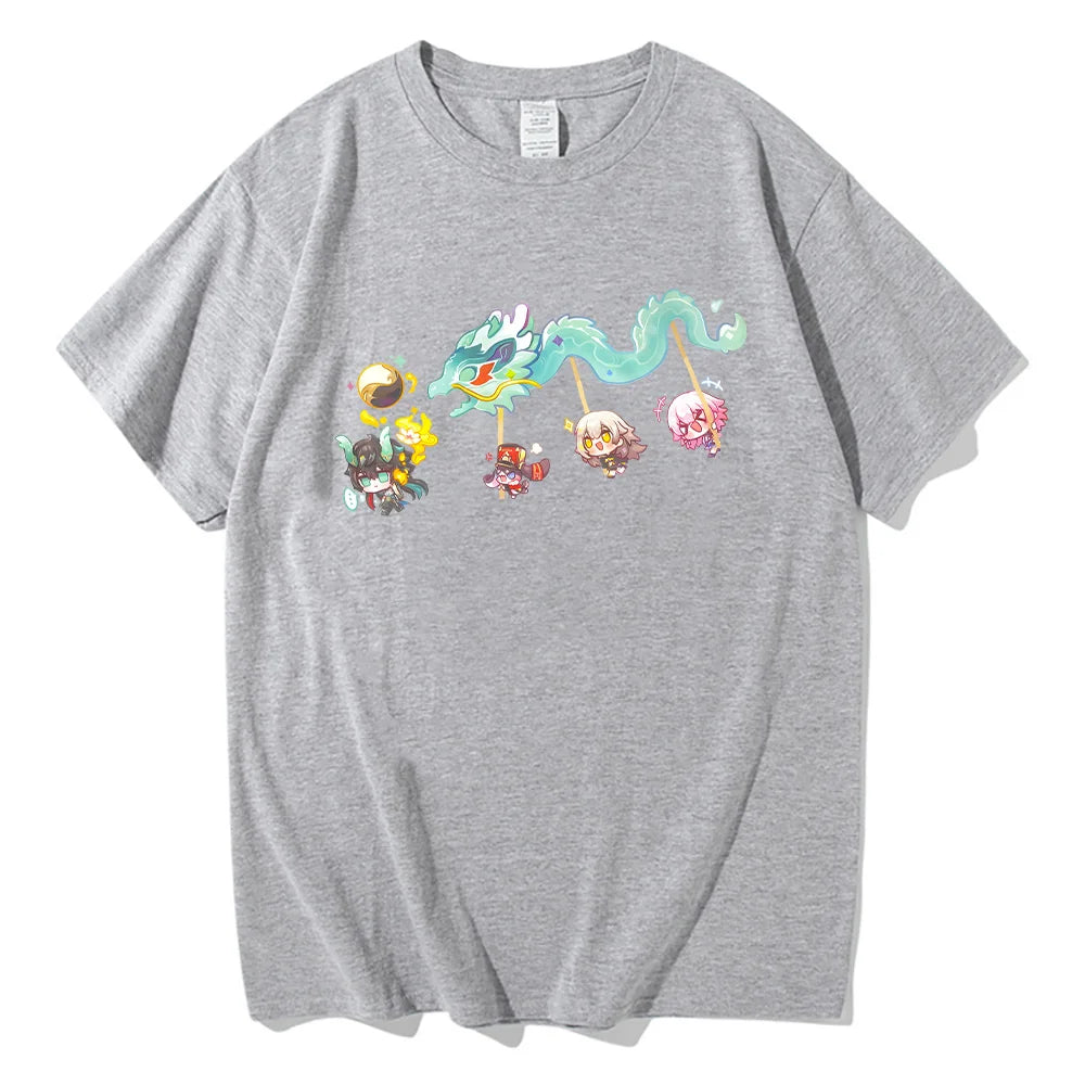 Imbibitor Lunae & Friends Dragon Dance Cotton T-shirt Honkai Star Rail Game Tees Adorable Q-version Cartoon Tops Unisex Clothing