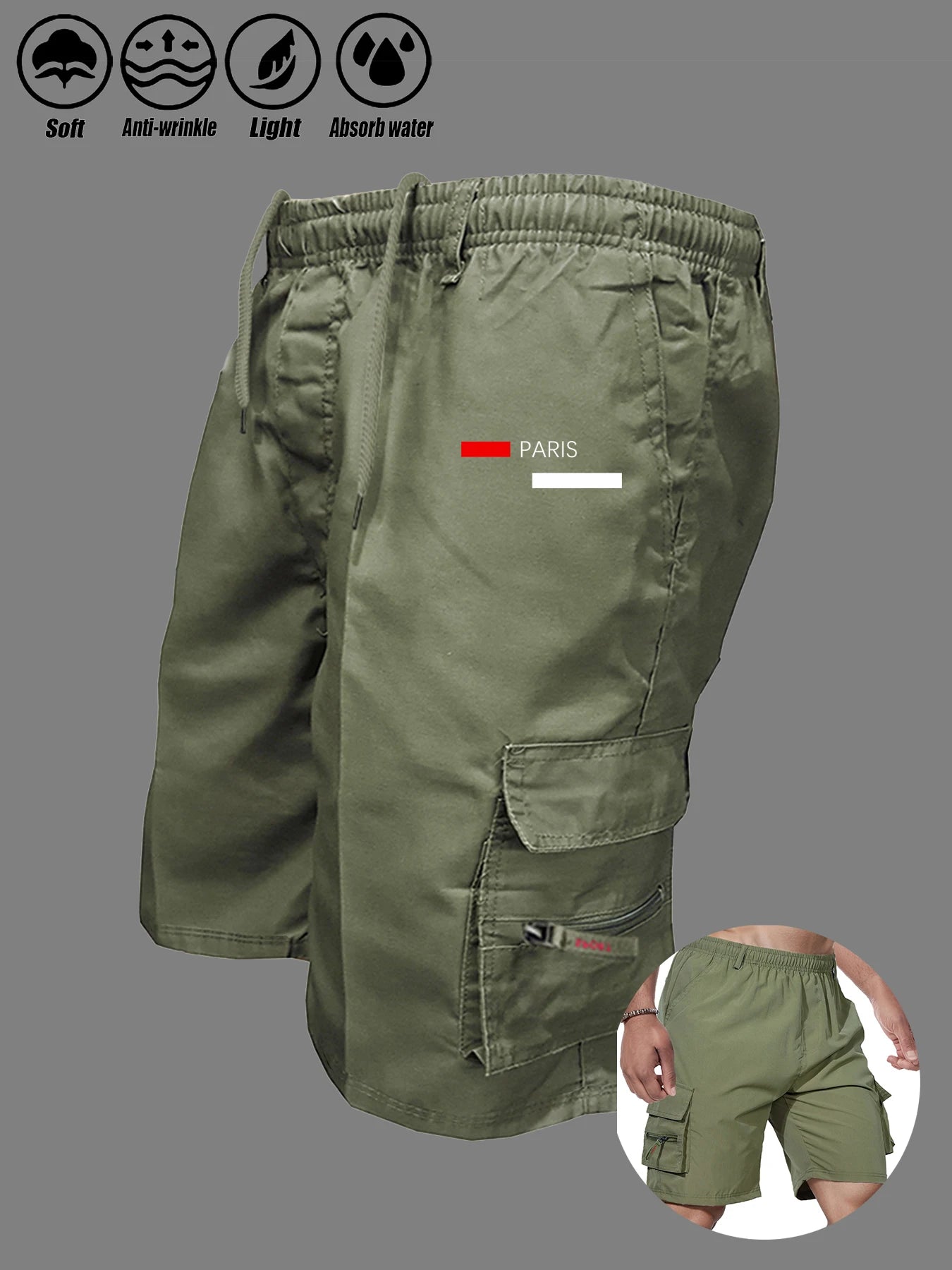 Paris Printed Casual Work Shorts Men's Multi-pocket Loose Drawstring Cargo Shorts Outdoor Sports Short Pants for Men Streetwear