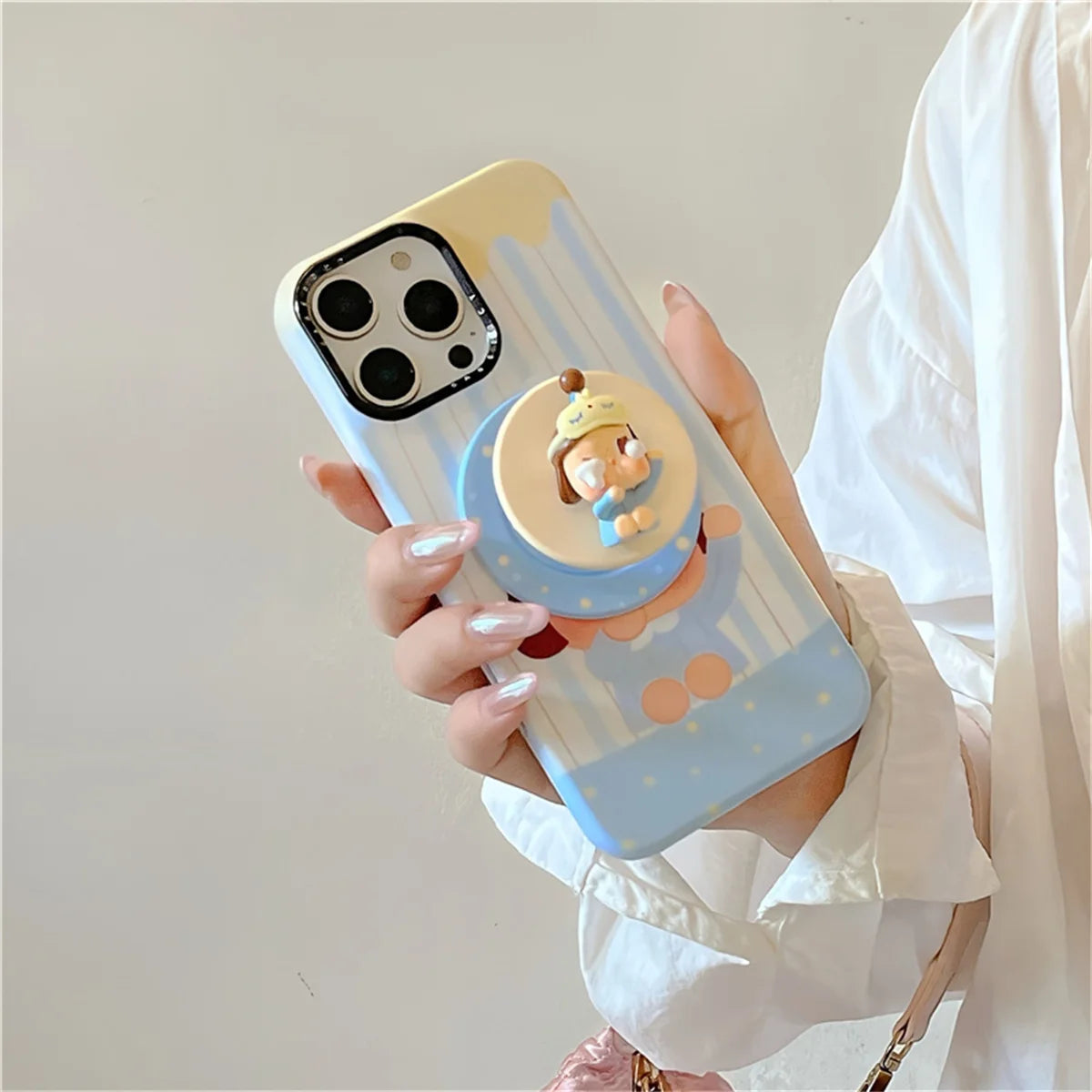 Korean Blue Stripe Cute Girl Magnetic Phone Case For iPhone 16 Pro 15 14 13 Pro Max Cover with Stand Case For Magsafe