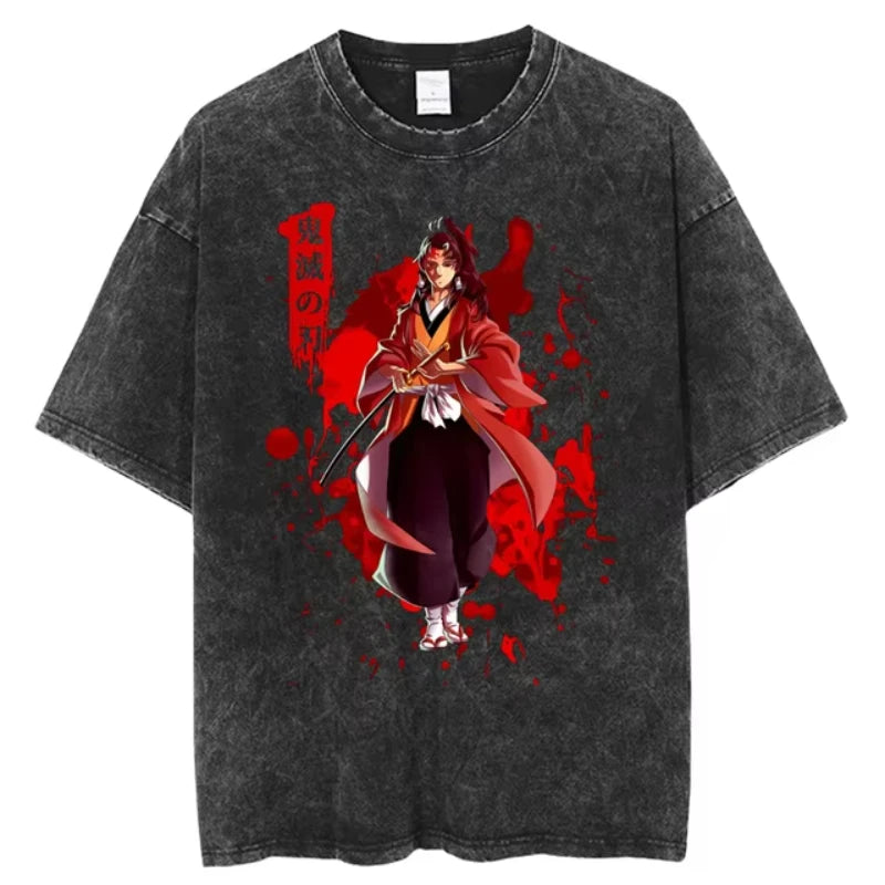 Anime Demon Slayer Shinazugawa Sanemi Cool Printed T-shirt Women Tshirts Vintage Washed Cotton Tee Harajuku Gothic Men T Shirt