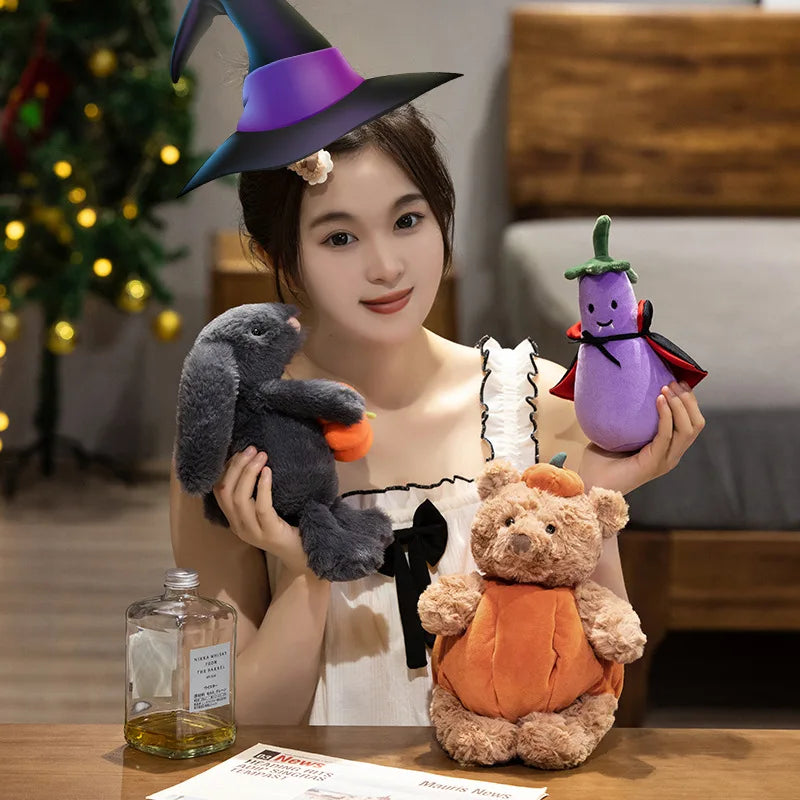 Creative Pumpkin Bear Plush Toys Soft Black Rabbit Hold Pumpkin Earphone &Cloak Eggplant Stuffed Doll Halloween Trick Or Treat