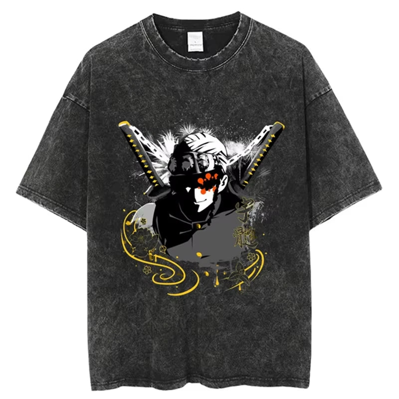Anime Demon Slayer Shinazugawa Sanemi Cool Printed T-shirt Women Tshirts Vintage Washed Cotton Tee Harajuku Gothic Men T Shirt
