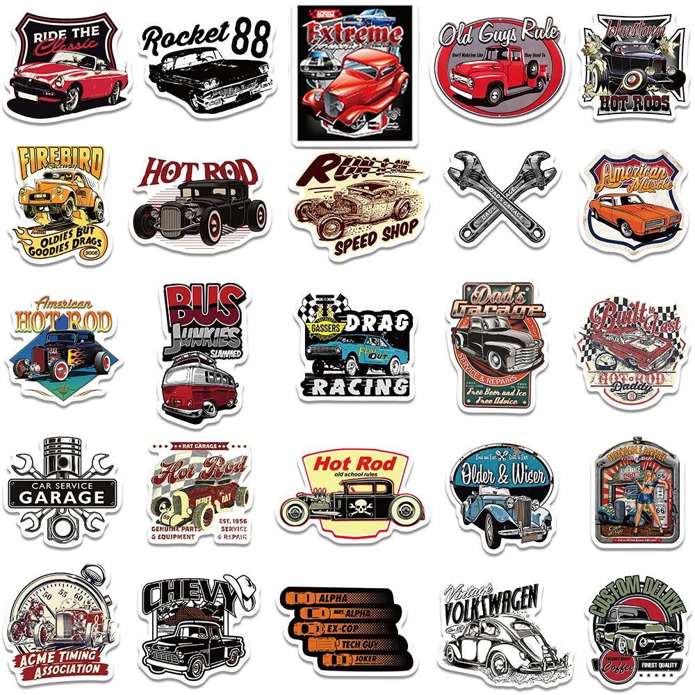 10/30/50pcs Vintage Car Cartoon Stickers Retro Hot Rod Decals DIY Phone Case Motorcycle Laptop Cool Graffiti Sticker Decoration