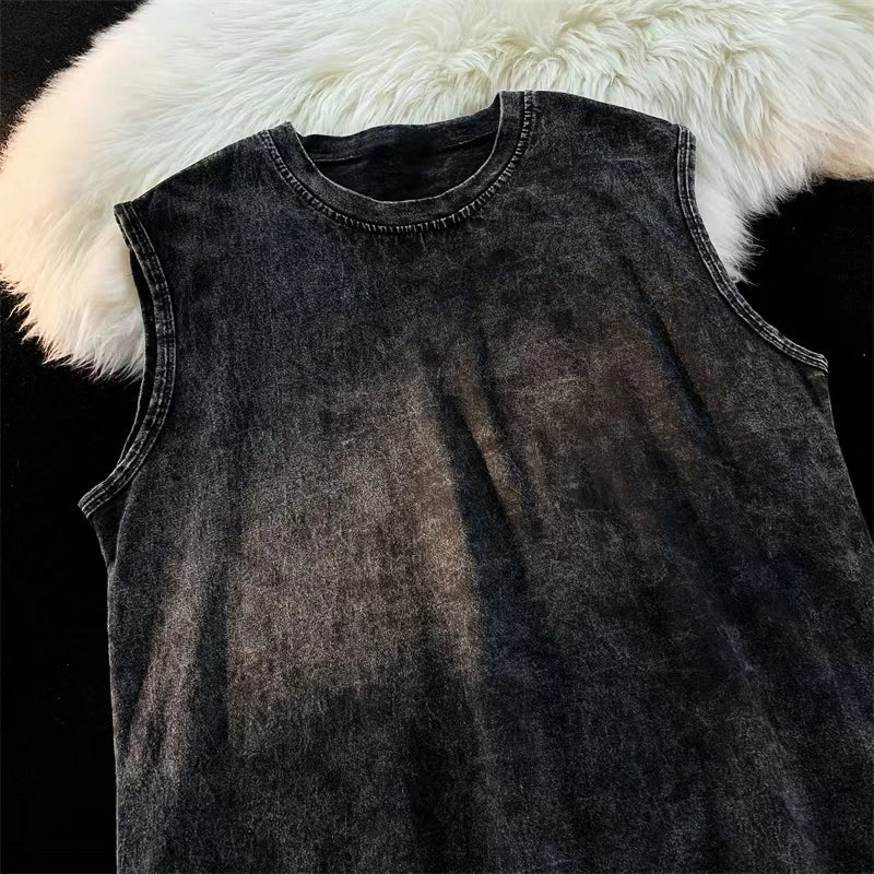 2025 summer American vintage Washed men's T shirt Wolf Head Print Tank Top Gym Fitness Sleeveless T shirt Exercise Vest Women