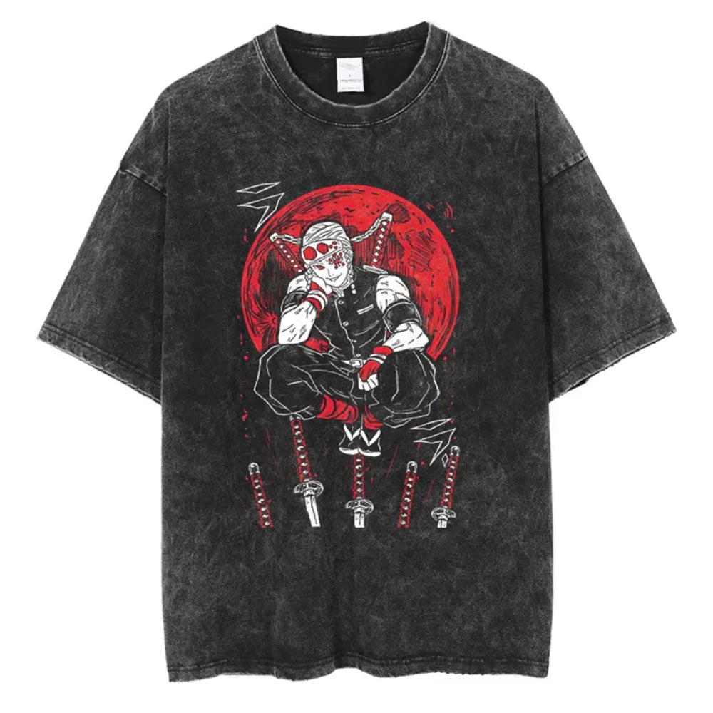 Anime Demon Slayer Shinazugawa Sanemi Cool Printed T-shirt Women Tshirts Vintage Washed Cotton Tee Harajuku Gothic Men T Shirt