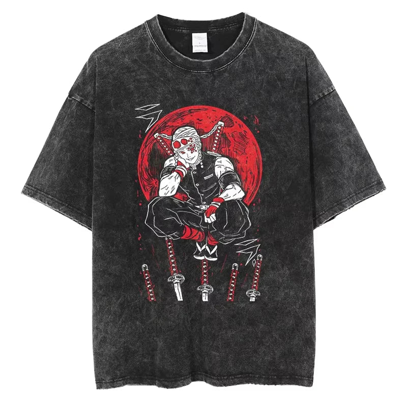 Anime Demon Slayer Shinazugawa Sanemi Cool Printed T-shirt Women Tshirts Vintage Washed Cotton Tee Harajuku Gothic Men T Shirt