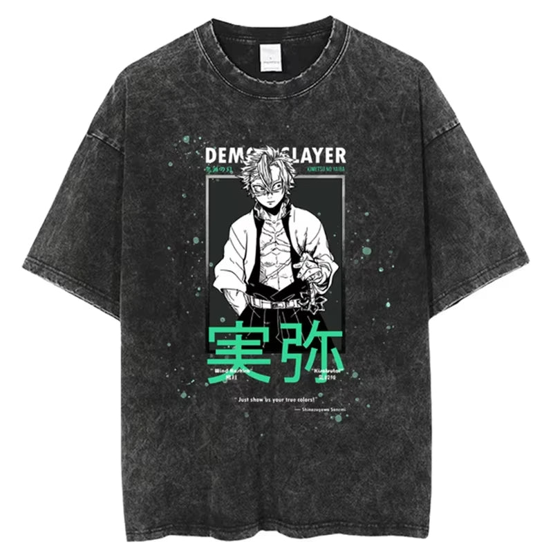 Anime Demon Slayer Shinazugawa Sanemi Cool Printed T-shirt Women Tshirts Vintage Washed Cotton Tee Harajuku Gothic Men T Shirt