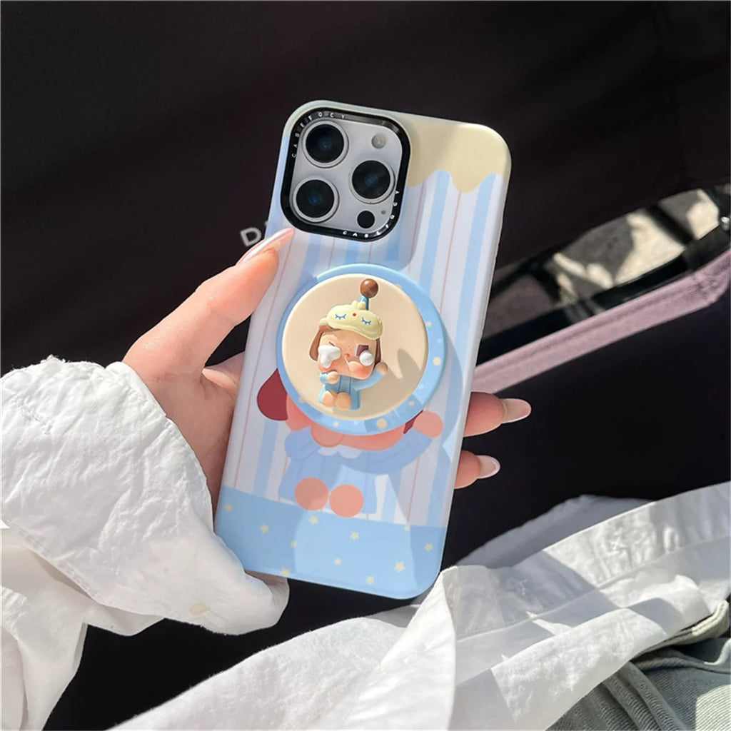 Korean Blue Stripe Cute Girl Magnetic Phone Case For iPhone 16 Pro 15 14 13 Pro Max Cover with Stand Case For Magsafe