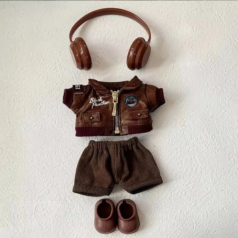 Brown Retro Flying Jacket Fashion Doll Clothes Set for 17cm Labubu Doll - Accessory Gift Item