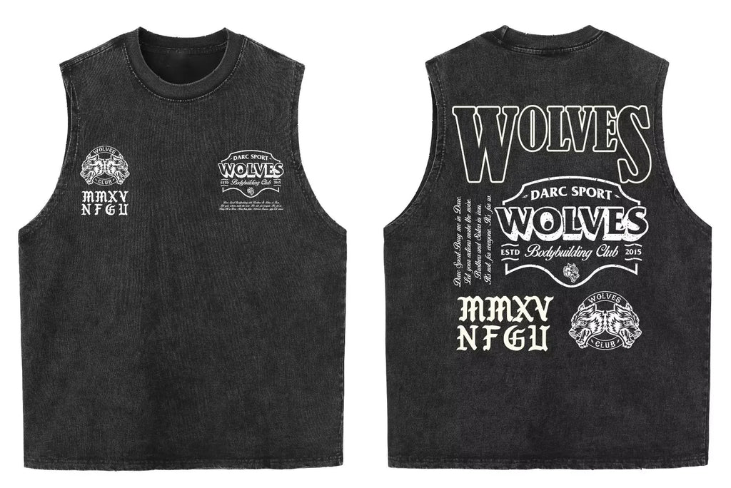 2025 summer American vintage Washed men's T shirt Wolf Head Print Tank Top Gym Fitness Sleeveless T shirt Exercise Vest Women