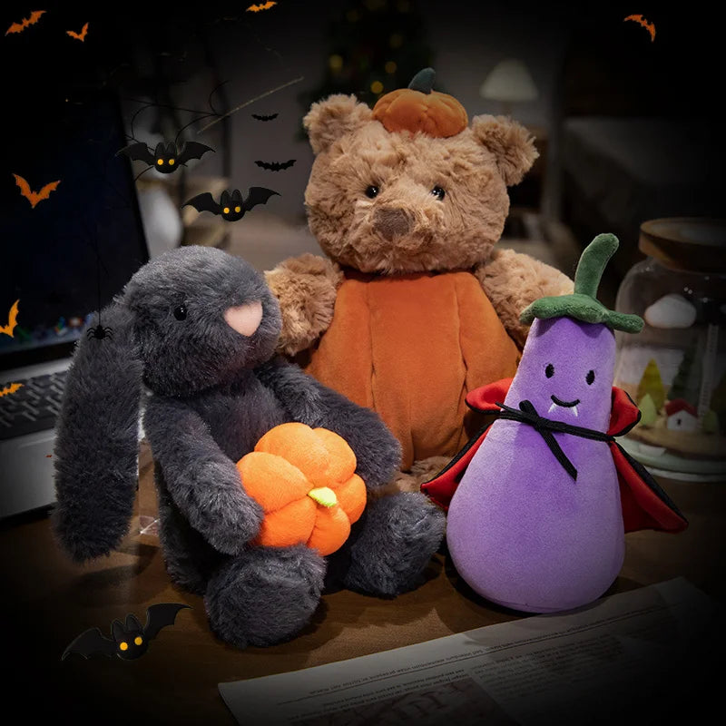 Creative Pumpkin Bear Plush Toys Soft Black Rabbit Hold Pumpkin Earphone &Cloak Eggplant Stuffed Doll Halloween Trick Or Treat