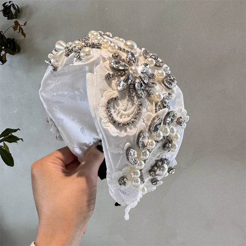 Black White Headband Hair Bands For Women Crystal Embroidered Flower Headband Girls Travel Seaside Wide Hair Hoops Headwear
