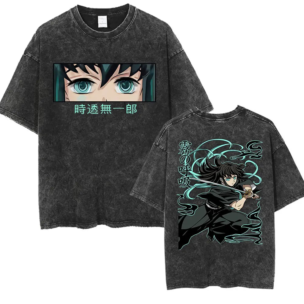 Summer New Demon Slayer Anime Tokitou Muichirou Peripheral Washed T-shirt Men and Women Loose Casual Harajuku Short Sleeved Top