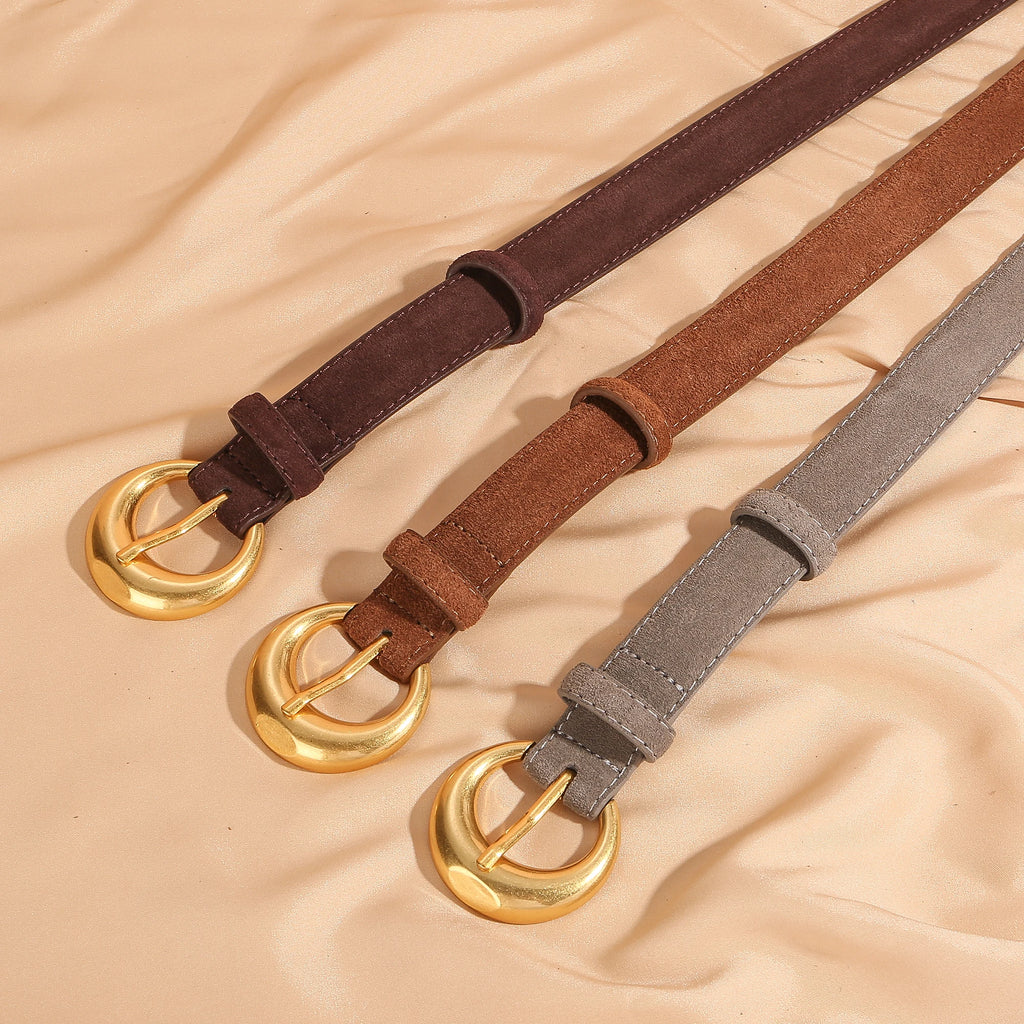 Premium Genuine Leather & Suede Women's Belt - Gold Round Pin Buckle Vintage Waistband for Jeans Dress Casual