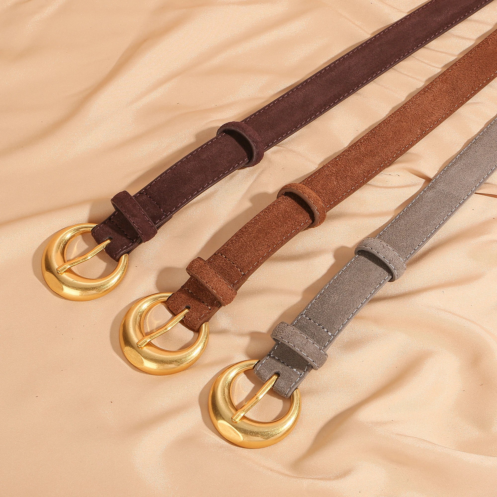 Premium Genuine Leather & Suede Women's Belt - Gold Round Pin Buckle Vintage Waistband for Jeans Dress Casual