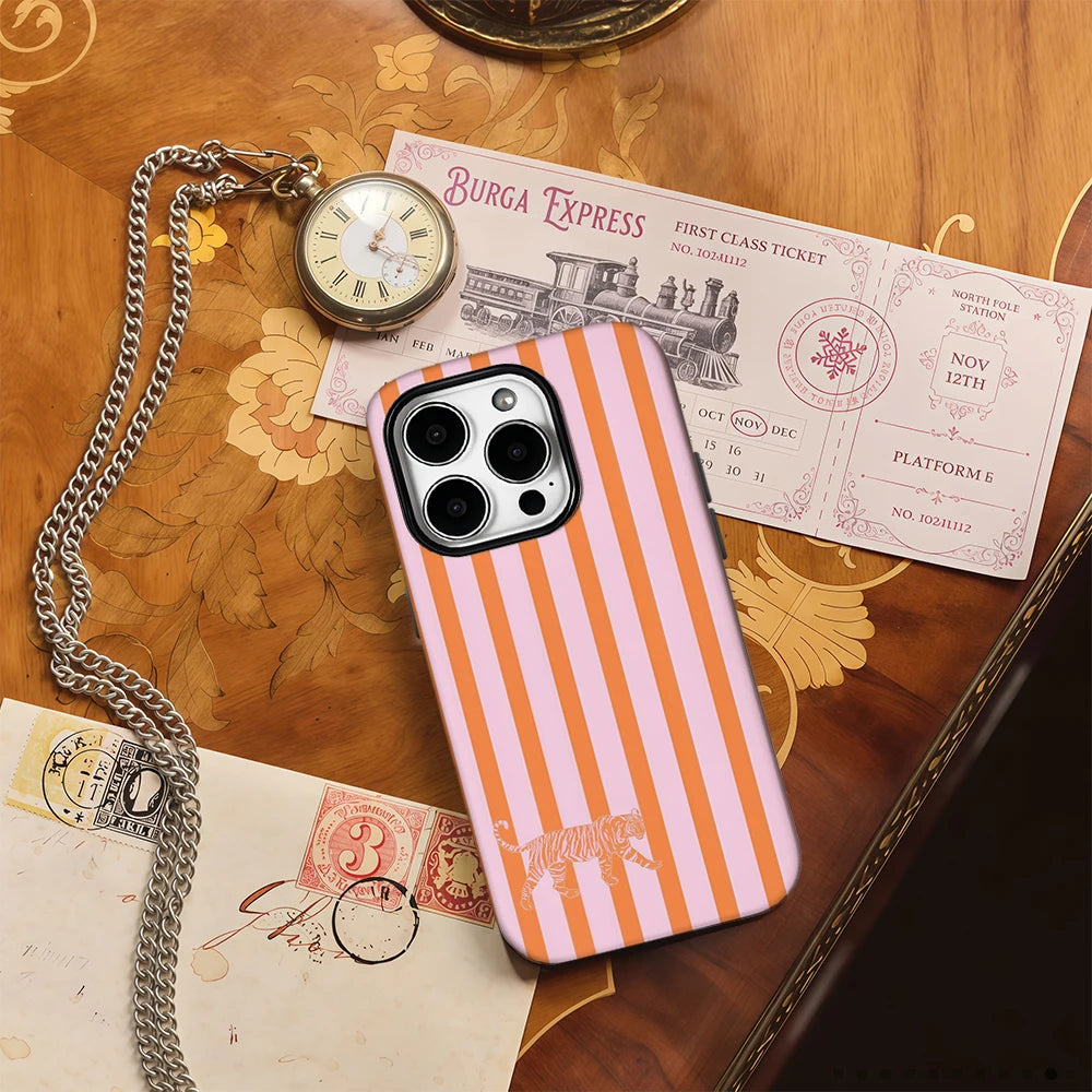 Pink-orange Striped Tiger Phone Case for IPhone 16 15 14 13 12 11 X XS XR XSMAX 7 8 Pro Max Plus Double-layer Back Cover