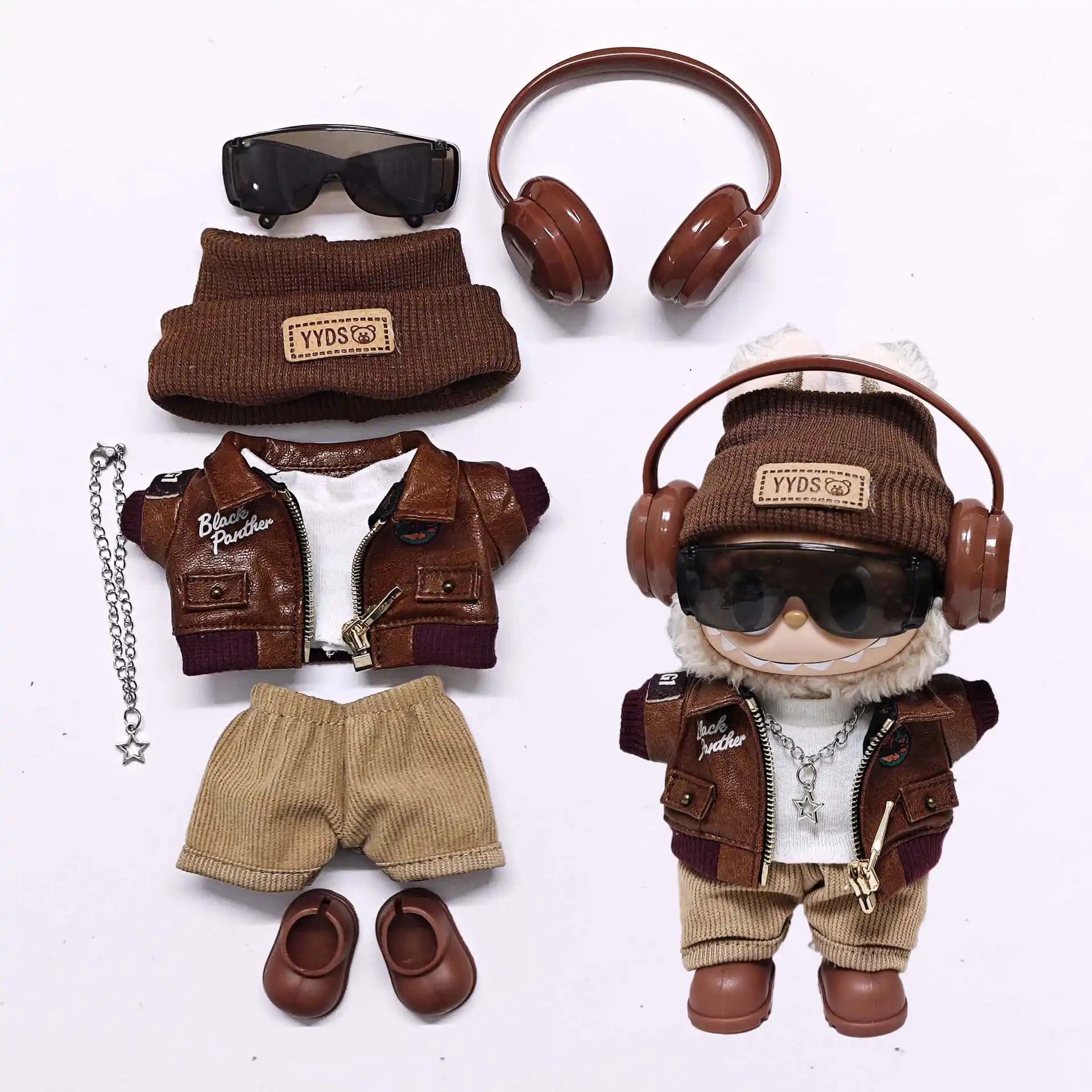 Labubu Retro Pilot Outfit Vintage Leather Jacket Aviator Headset Camera For 15/17cm 1st/2nd/3rd Gen Dolls