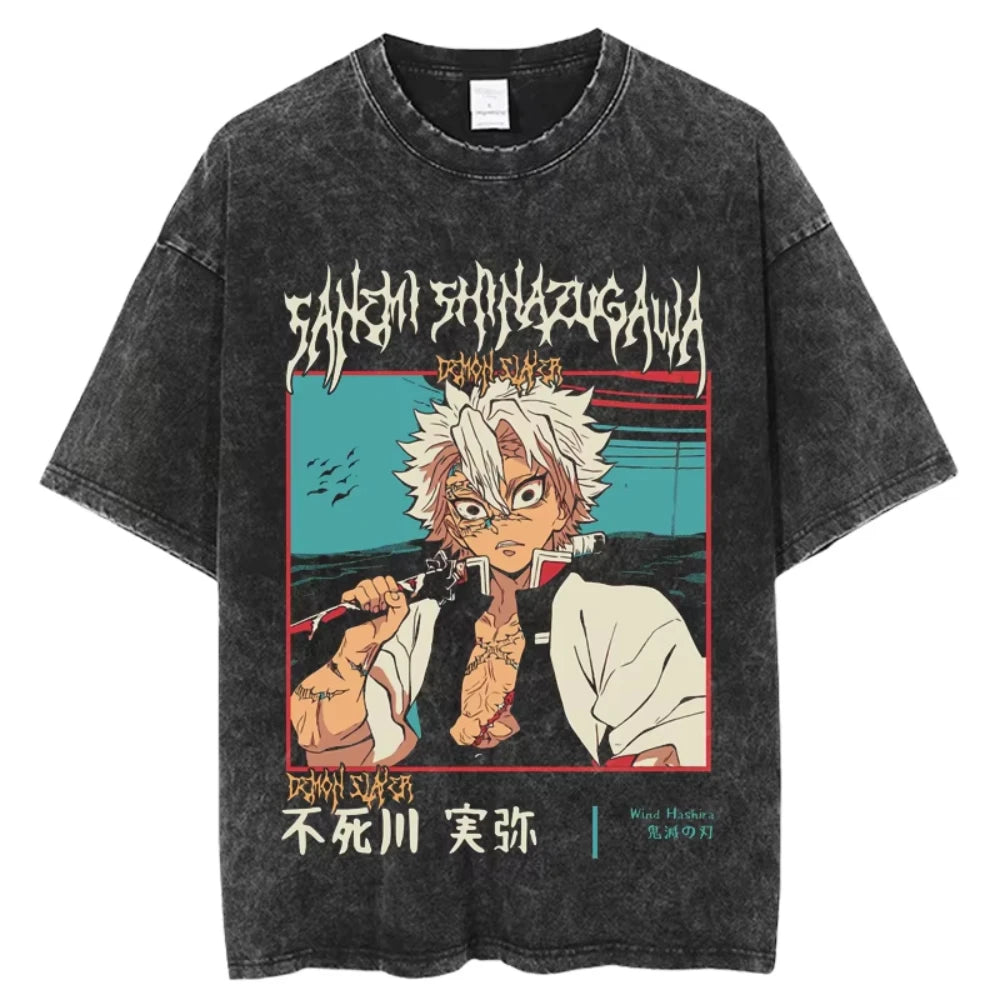 Anime Demon Slayer Shinazugawa Sanemi Cool Printed T-shirt Women Tshirts Vintage Washed Cotton Tee Harajuku Gothic Men T Shirt