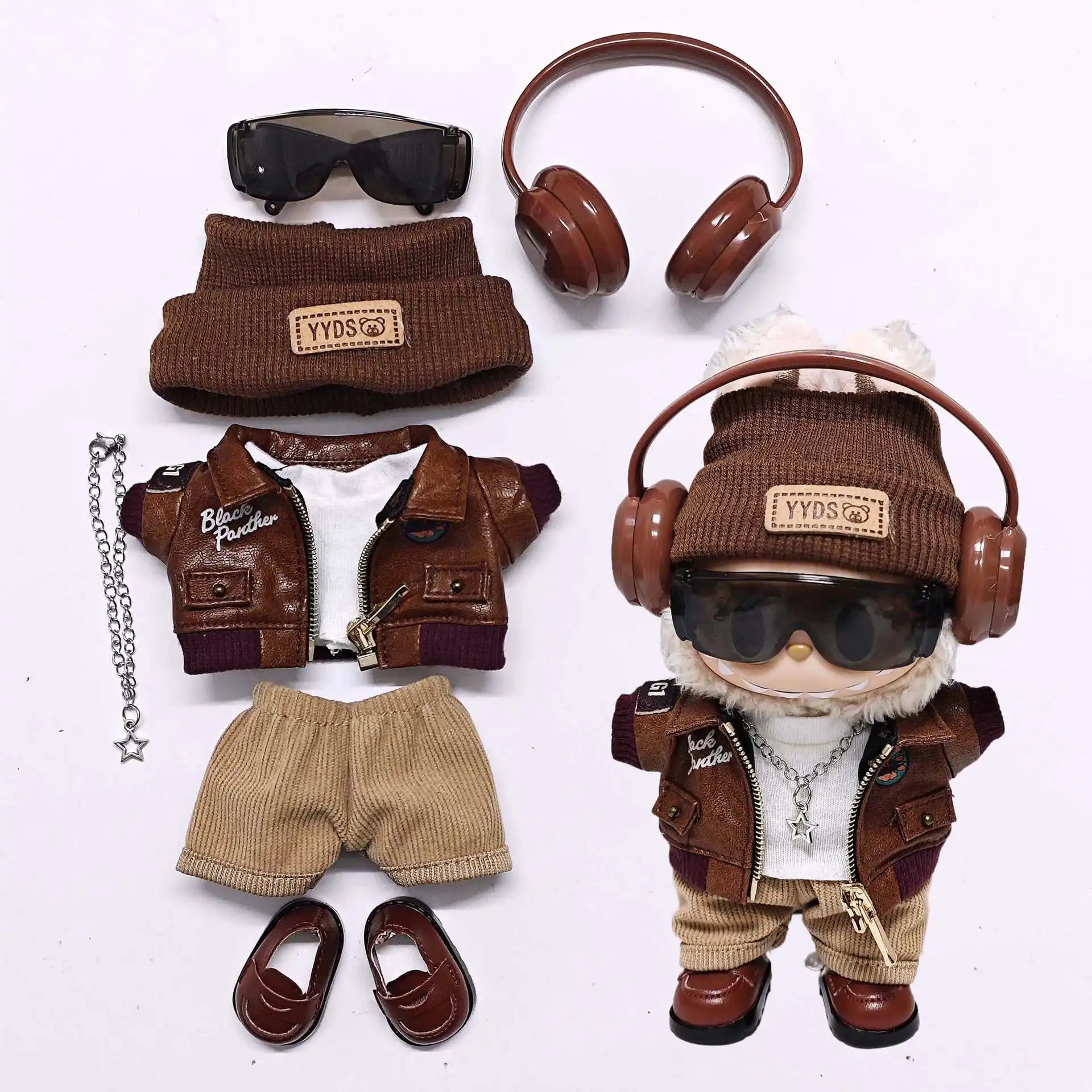 Labubu Retro Pilot Outfit Vintage Leather Jacket Aviator Headset Camera For 15/17cm 1st/2nd/3rd Gen Dolls