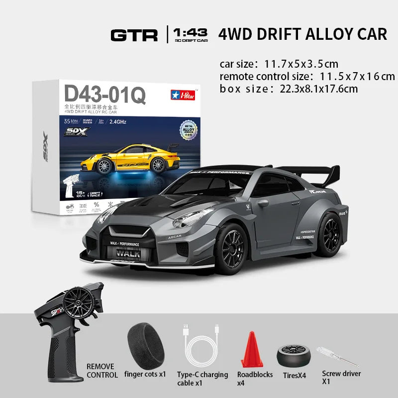 Macro Star D43 Full Proportion Remote Control Drift Car 1:43 Scale Alloy Gyro Four-Wheel Drive Flat Run Luminous Toy Model
