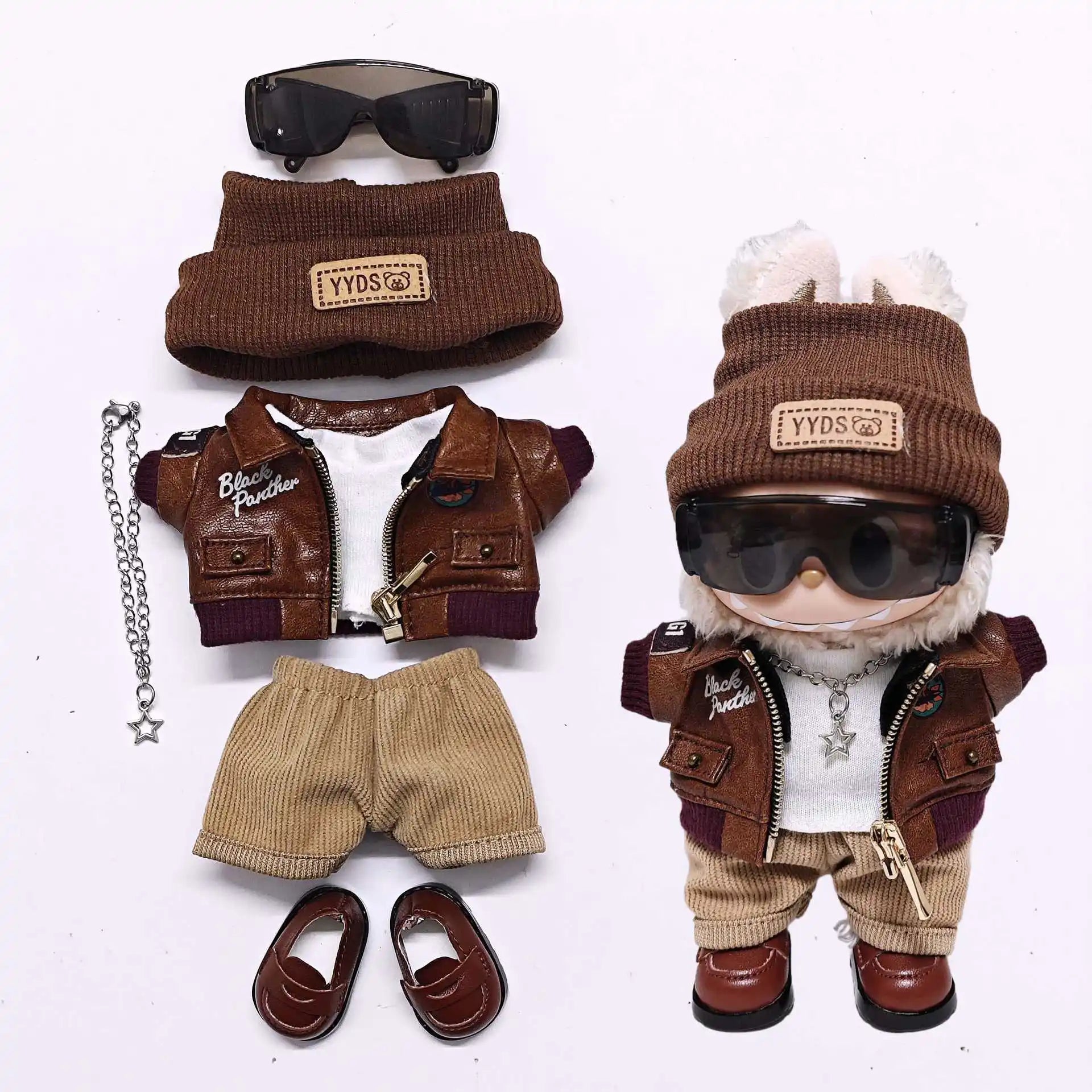Labubu Retro Pilot Outfit Vintage Leather Jacket Aviator Headset Camera For 15/17cm 1st/2nd/3rd Gen Dolls