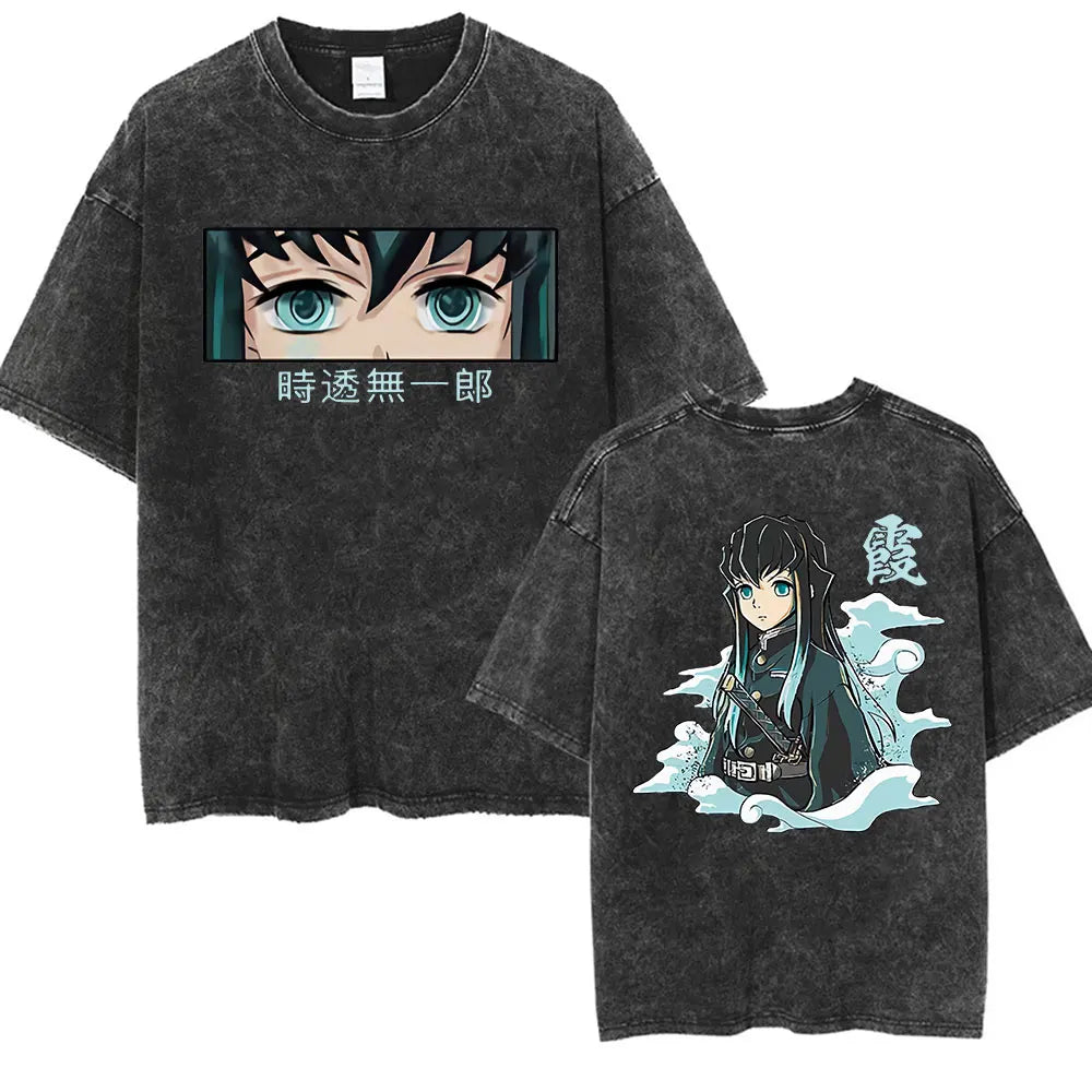 Summer New Demon Slayer Anime Tokitou Muichirou Peripheral Washed T-shirt Men and Women Loose Casual Harajuku Short Sleeved Top