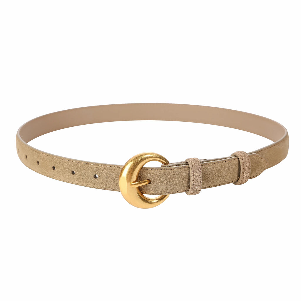 Premium Genuine Leather & Suede Women's Belt - Gold Round Pin Buckle Vintage Waistband for Jeans Dress Casual
