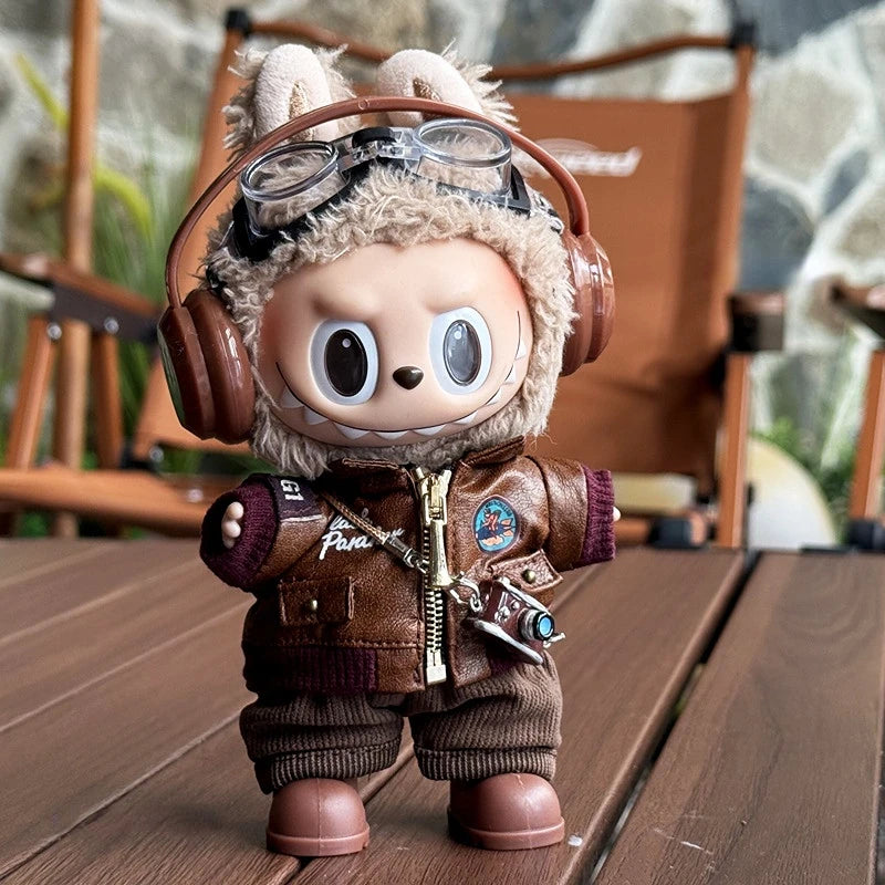 Labubu Retro Pilot Outfit Vintage Leather Jacket Aviator Headset Camera For 15/17cm 1st/2nd/3rd Gen Dolls