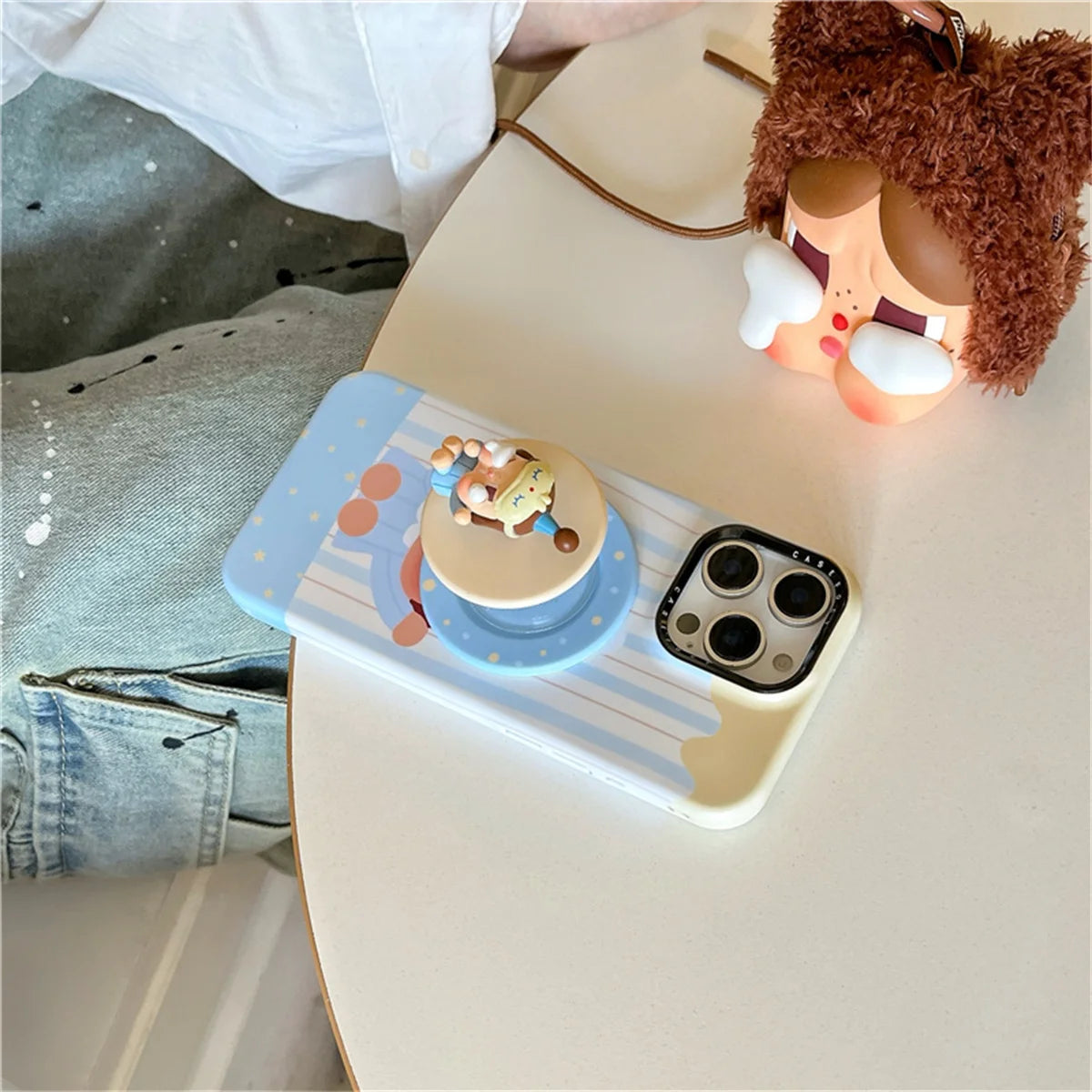 Korean Blue Stripe Cute Girl Magnetic Phone Case For iPhone 16 Pro 15 14 13 Pro Max Cover with Stand Case For Magsafe