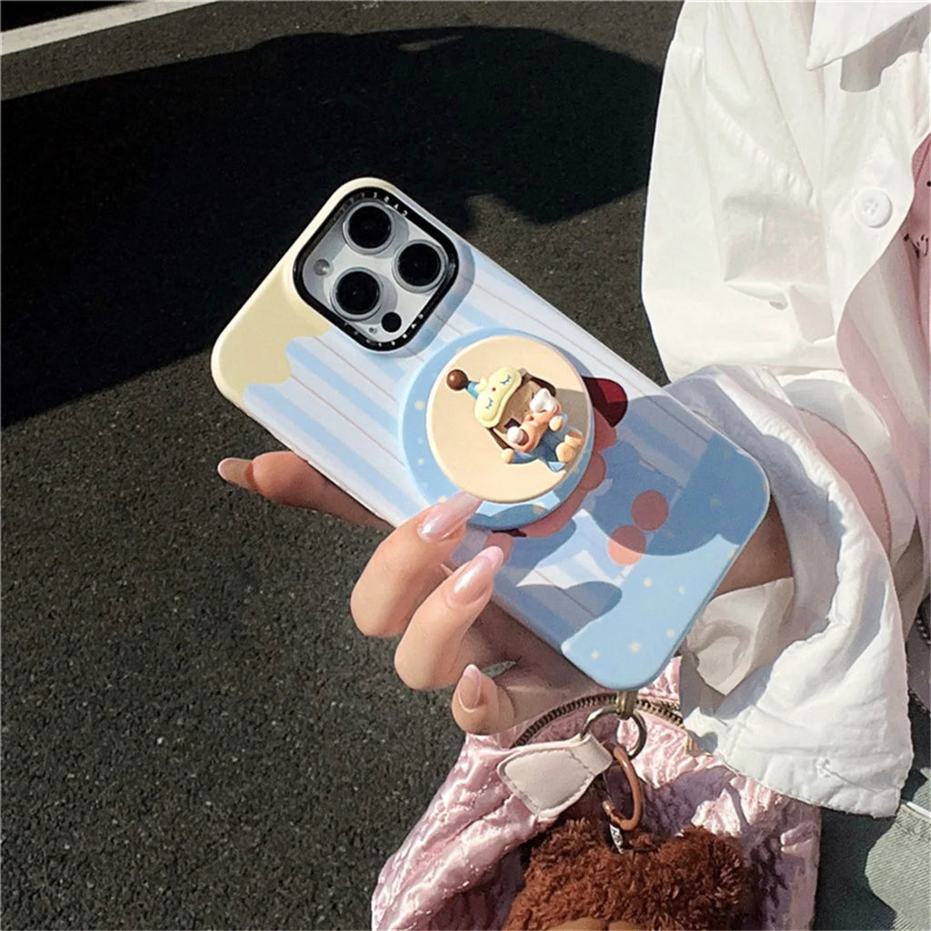 Korean Blue Stripe Cute Girl Magnetic Phone Case For iPhone 16 Pro 15 14 13 Pro Max Cover with Stand Case For Magsafe
