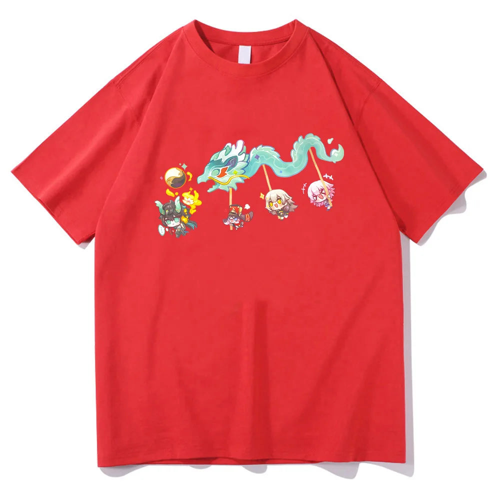 Imbibitor Lunae & Friends Dragon Dance Cotton T-shirt Honkai Star Rail Game Tees Adorable Q-version Cartoon Tops Unisex Clothing