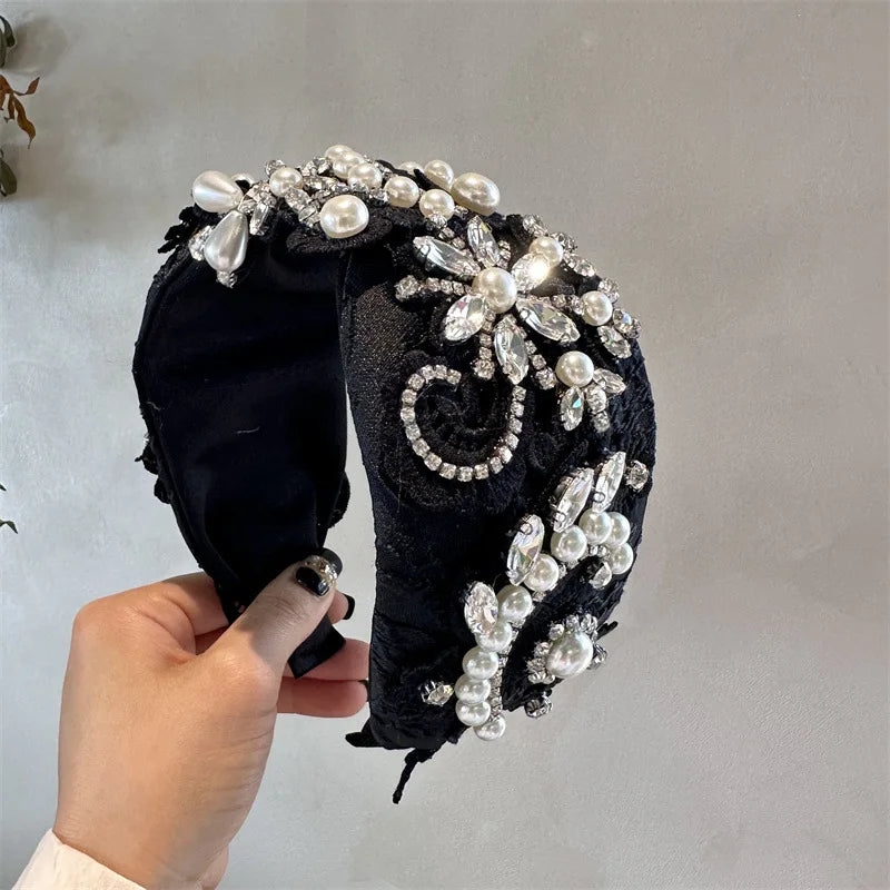 Black White Headband Hair Bands For Women Crystal Embroidered Flower Headband Girls Travel Seaside Wide Hair Hoops Headwear