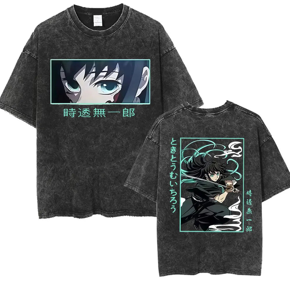 Summer New Demon Slayer Anime Tokitou Muichirou Peripheral Washed T-shirt Men and Women Loose Casual Harajuku Short Sleeved Top