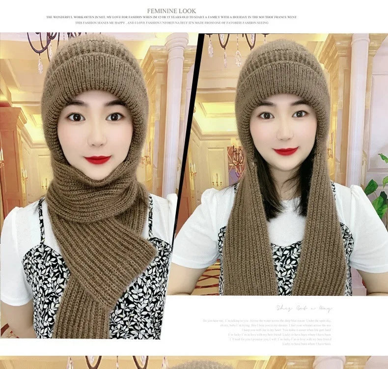 Winter Knitted Skullies Hat Scarf Set Cold Proof Ear Protection Scarf Warm Girls Beanies Cycling Windproof Ladies Outdoor Caps
