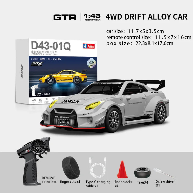 Macro Star D43 Full Proportion Remote Control Drift Car 1:43 Scale Alloy Gyro Four-Wheel Drive Flat Run Luminous Toy Model