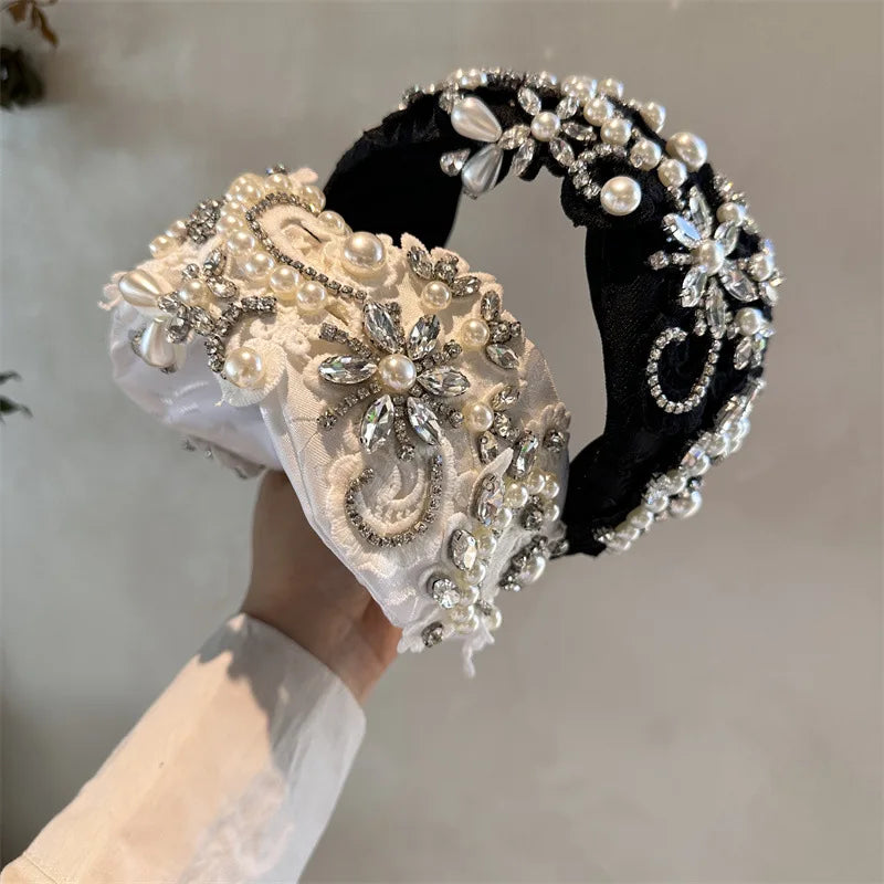 Black White Headband Hair Bands For Women Crystal Embroidered Flower Headband Girls Travel Seaside Wide Hair Hoops Headwear
