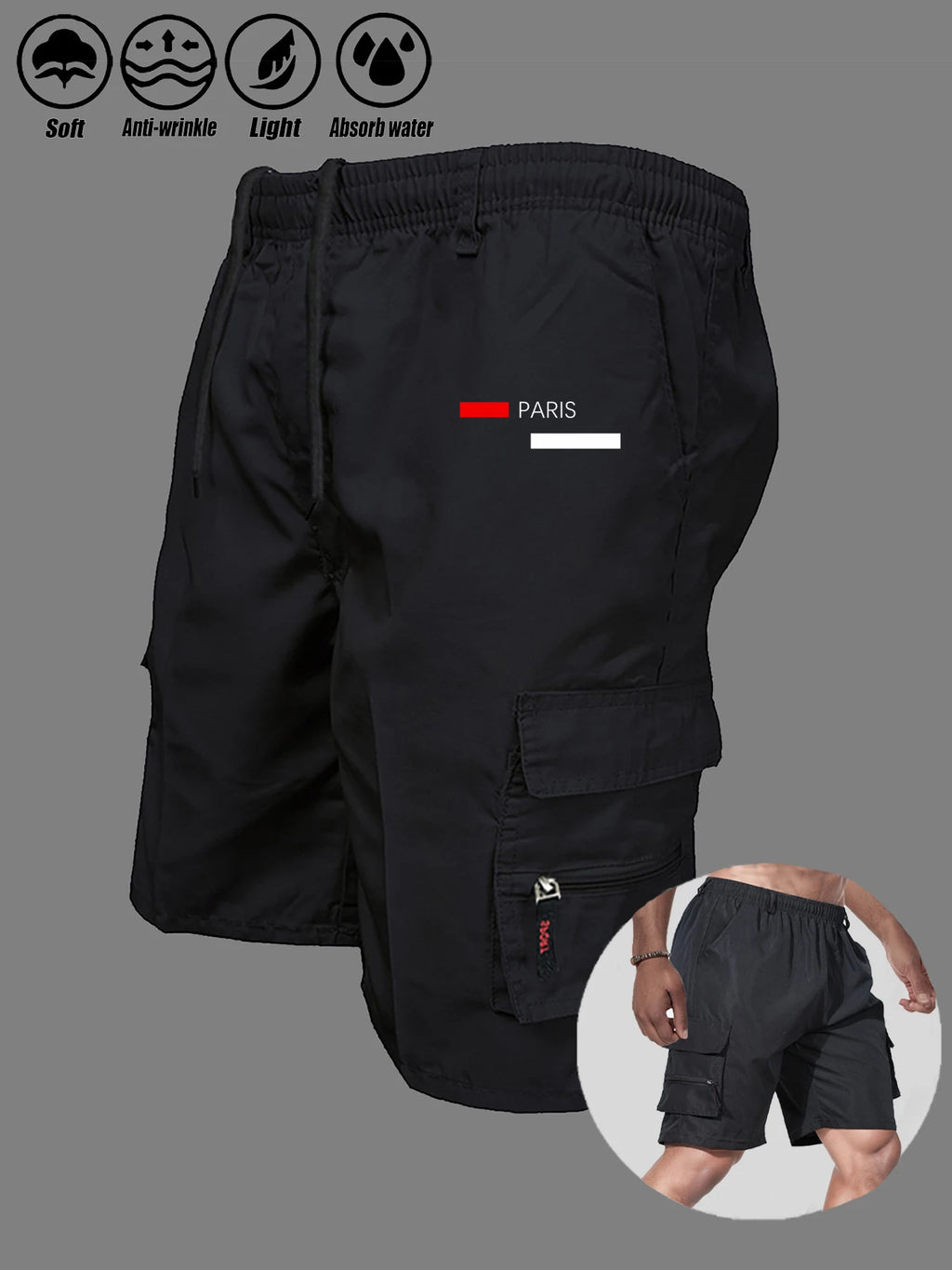 Paris Printed Casual Work Shorts Men's Multi-pocket Loose Drawstring Cargo Shorts Outdoor Sports Short Pants for Men Streetwear